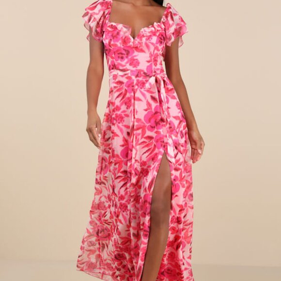 NEW Lulus Sensationally Sweeter Bright Pink Floral Ruffled Maxi Dress - Size M - Picture 1 of 3